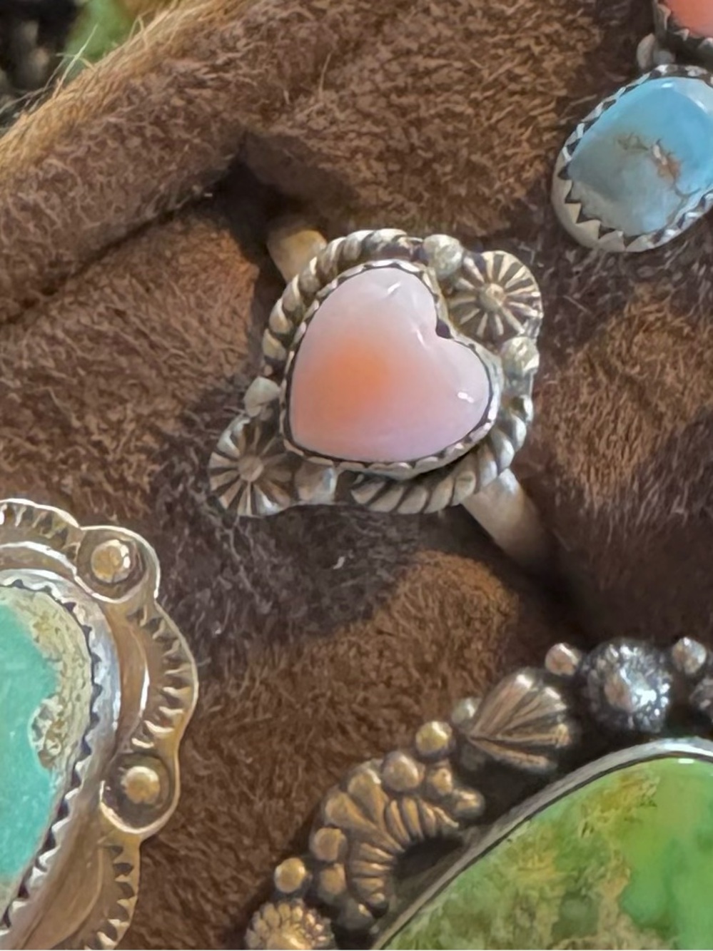 Pink Conch Heart Stone Sterling Adjustable Ring